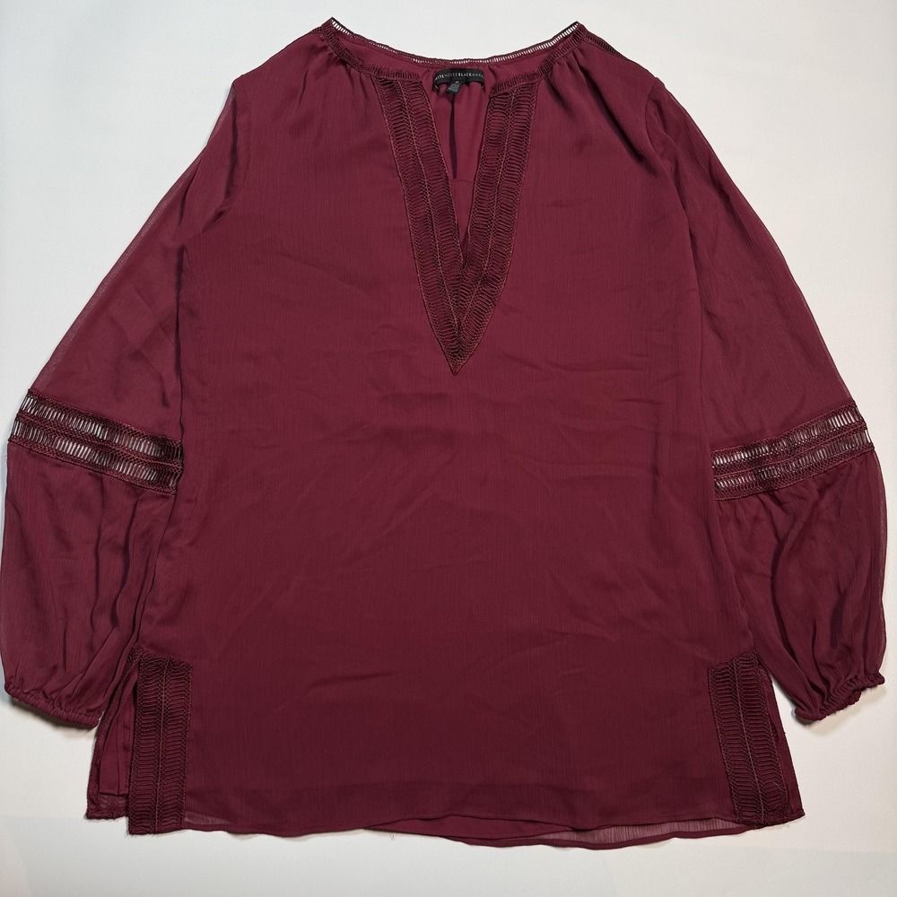 White House Black Market Blouse Womens Medium Magenta Crochet Trim Tunic Top